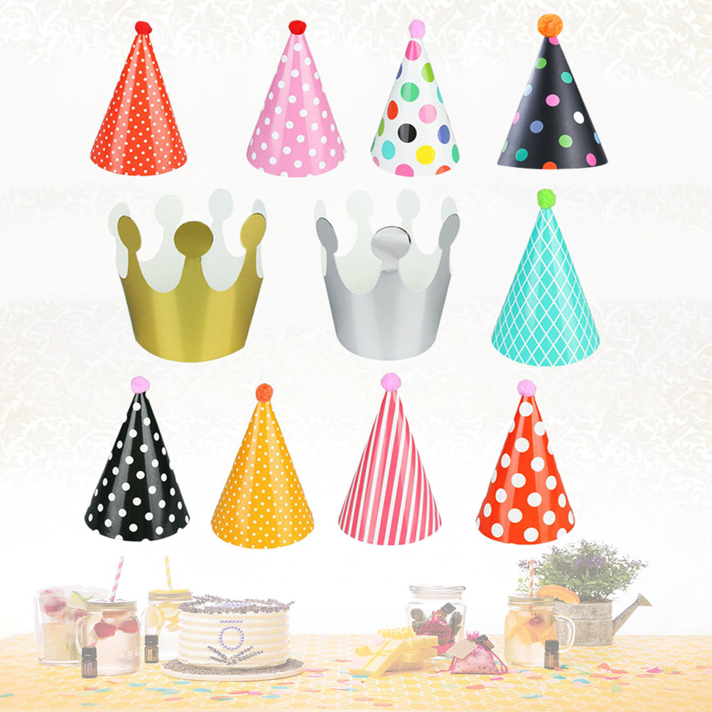Party Hat Cone - ペット用バースデーパーティーコーンハット11個セット 犬猫用 お祝いの紙吹雪ケーキデザイン DIYポンポン付きペーパーハット テーブルデコレーション