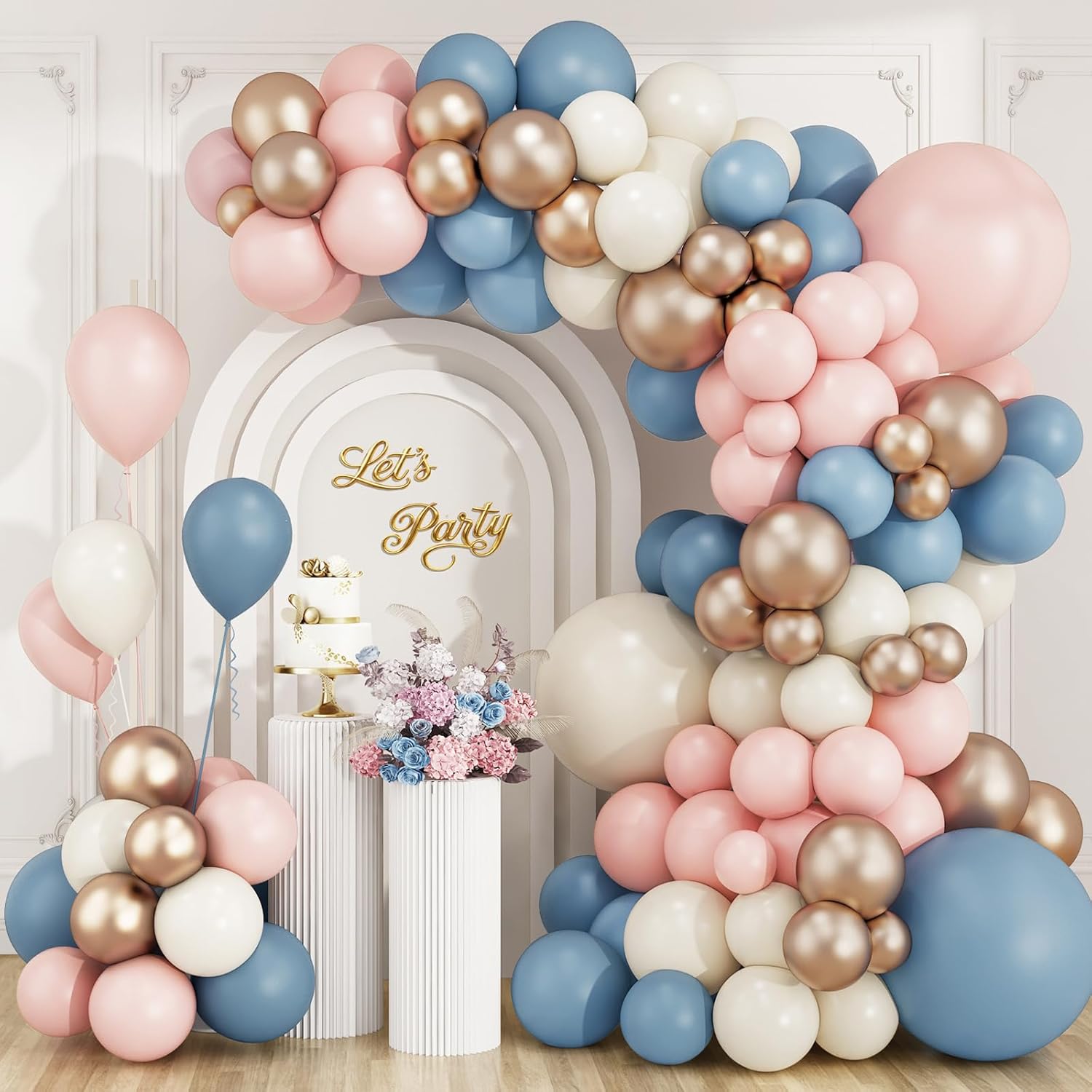 Balloon Arch Kit - ダスティピンク、ブルー、シャンパンゴールドのラテックスバルーンガーランドアーチキット、誕生日、男の子または女の子の性別発表パーティーのデコレーション用品