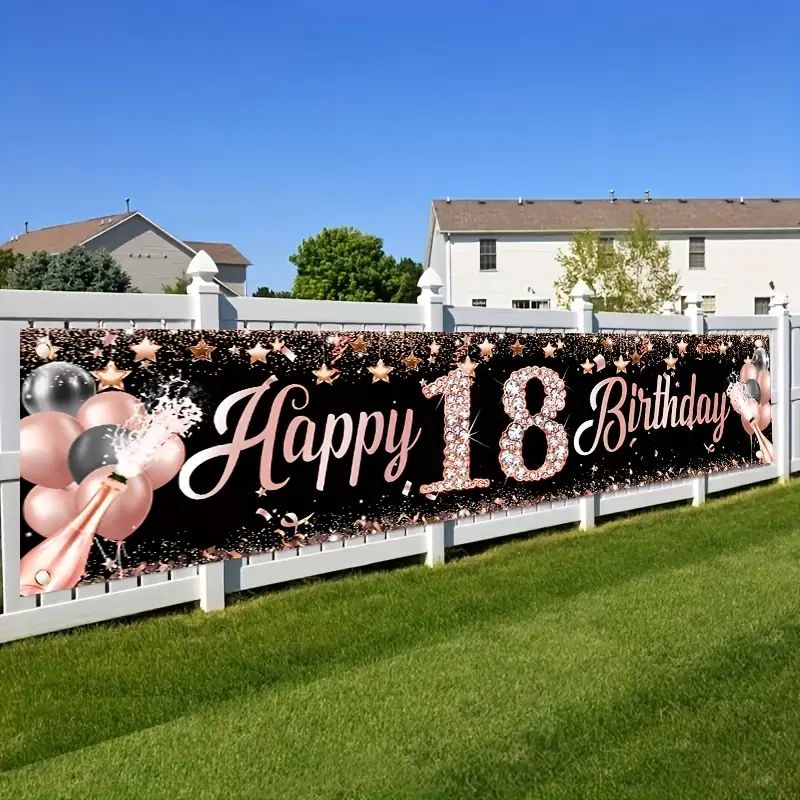 Party Banner Gold - 18歳の誕生日バナー、ローズゴールドの誕生日パーティーデコレーション、屋内/屋外の庭用サイン、フェンスに吊るす背景装飾