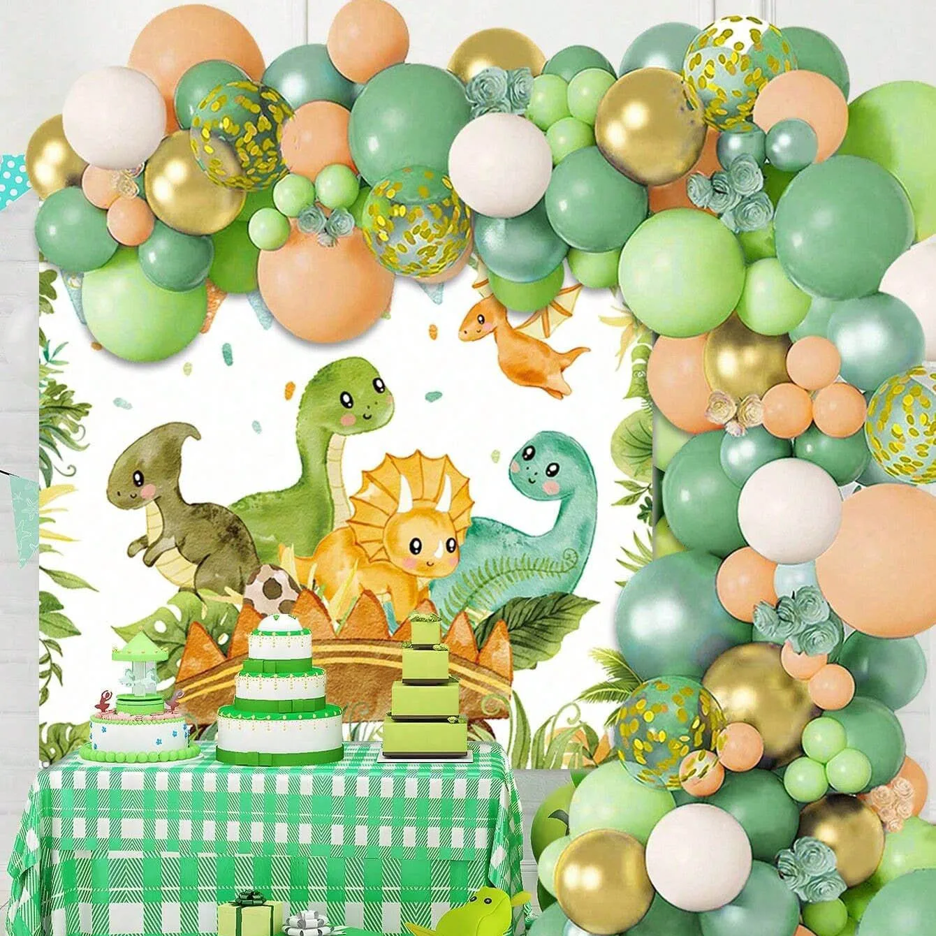 Balloon Arch Kit - 恐竜バルーンセットアーチ 子供の誕生日 恐竜テーマパーティー用 ホイルバルーン ティンセルカーテン タッセル背景装飾