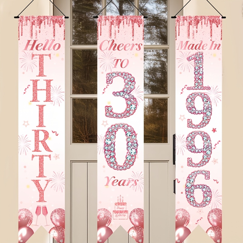Party Banner Gold - 2Dフラット3ピースピンクゴールド30歳の誕生日ドアバナーセット、バルーン＆フィッシュテールデザイン、屋内屋外ホームパーティーハンギングデコレーション