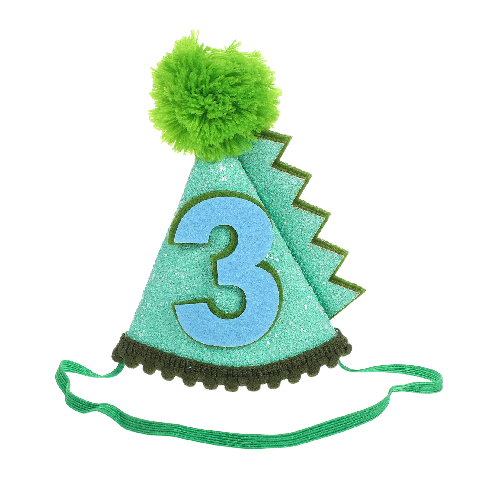 Party Hat Cone - 恐竜の誕生日帽子 緑の円錐形スパンコール 数字3 パーティーハット 写真撮影用小道具 恐竜ハット