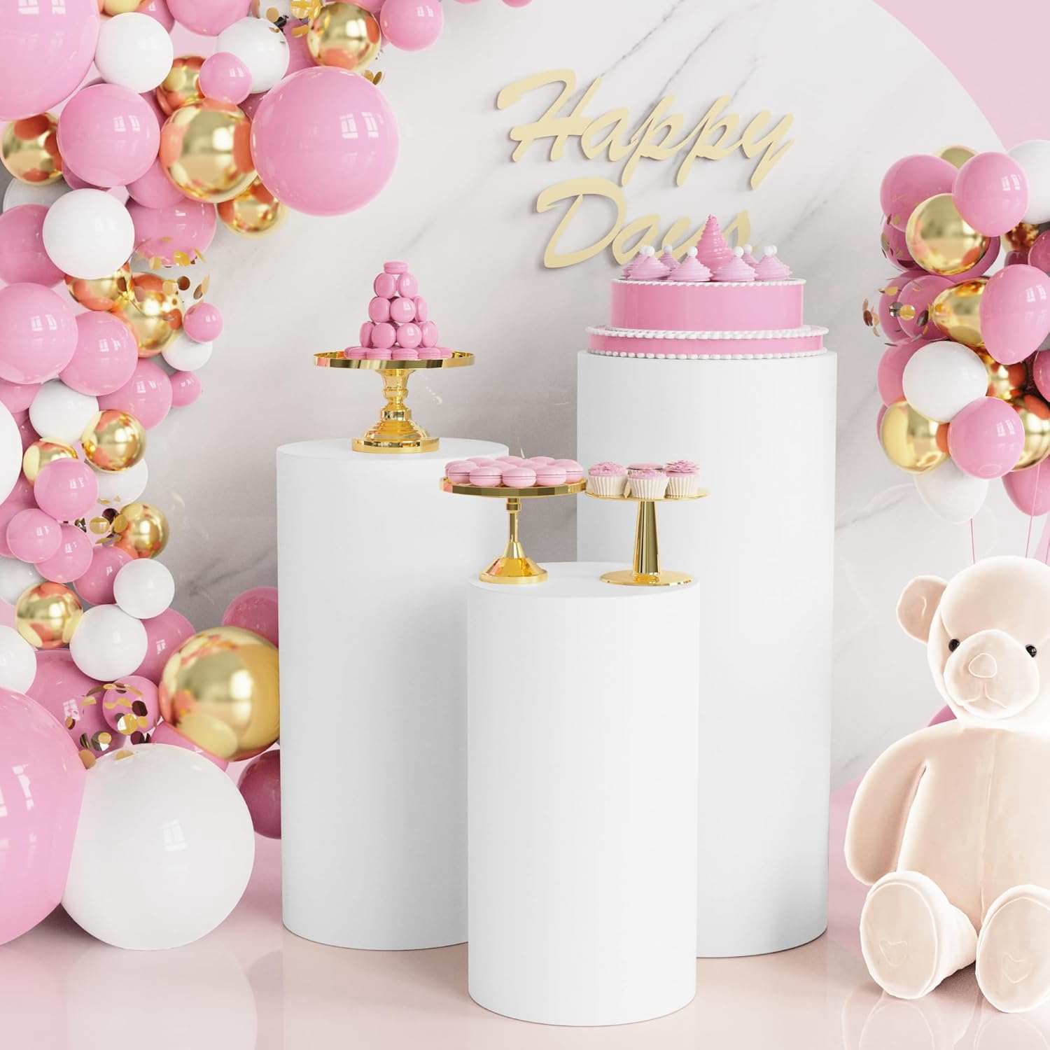 Dessert Table Backdrop - Yeele 1 個/3 個/5 個白シリンダースタンドカバー背景カスタム誕生日結婚式イベントパーティー装飾弾性デザートテーブルカバー